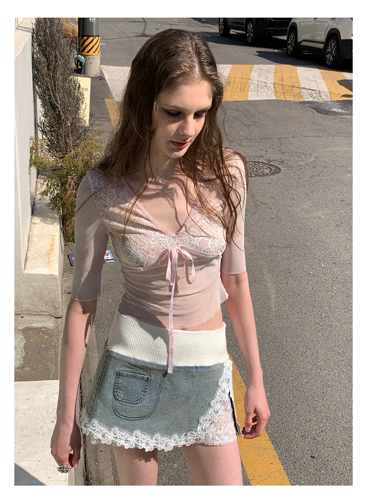 [F00103]Denim Lace Half Dress