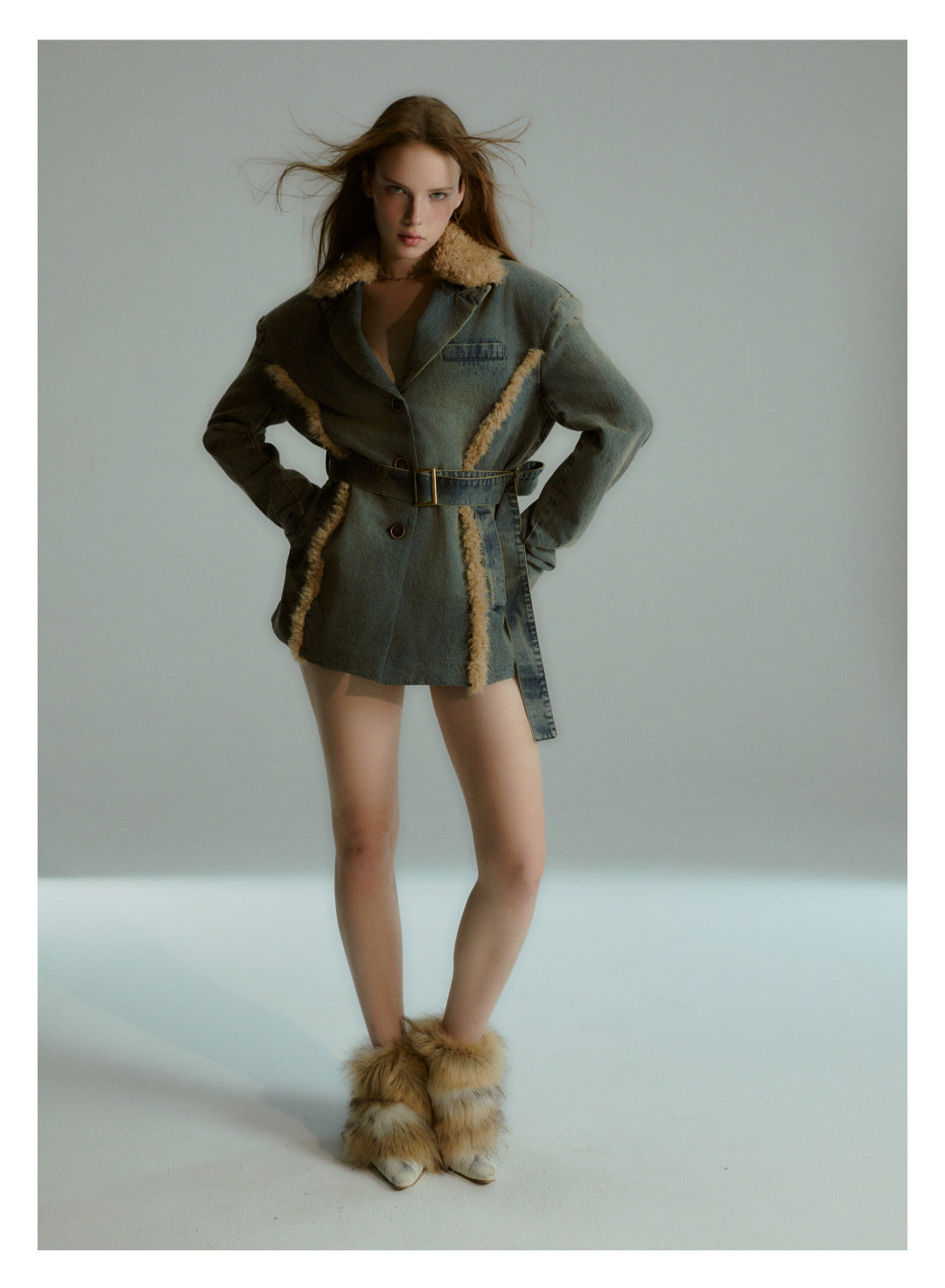 Sale[F0042]Denim fleece lace-up quilted jacket