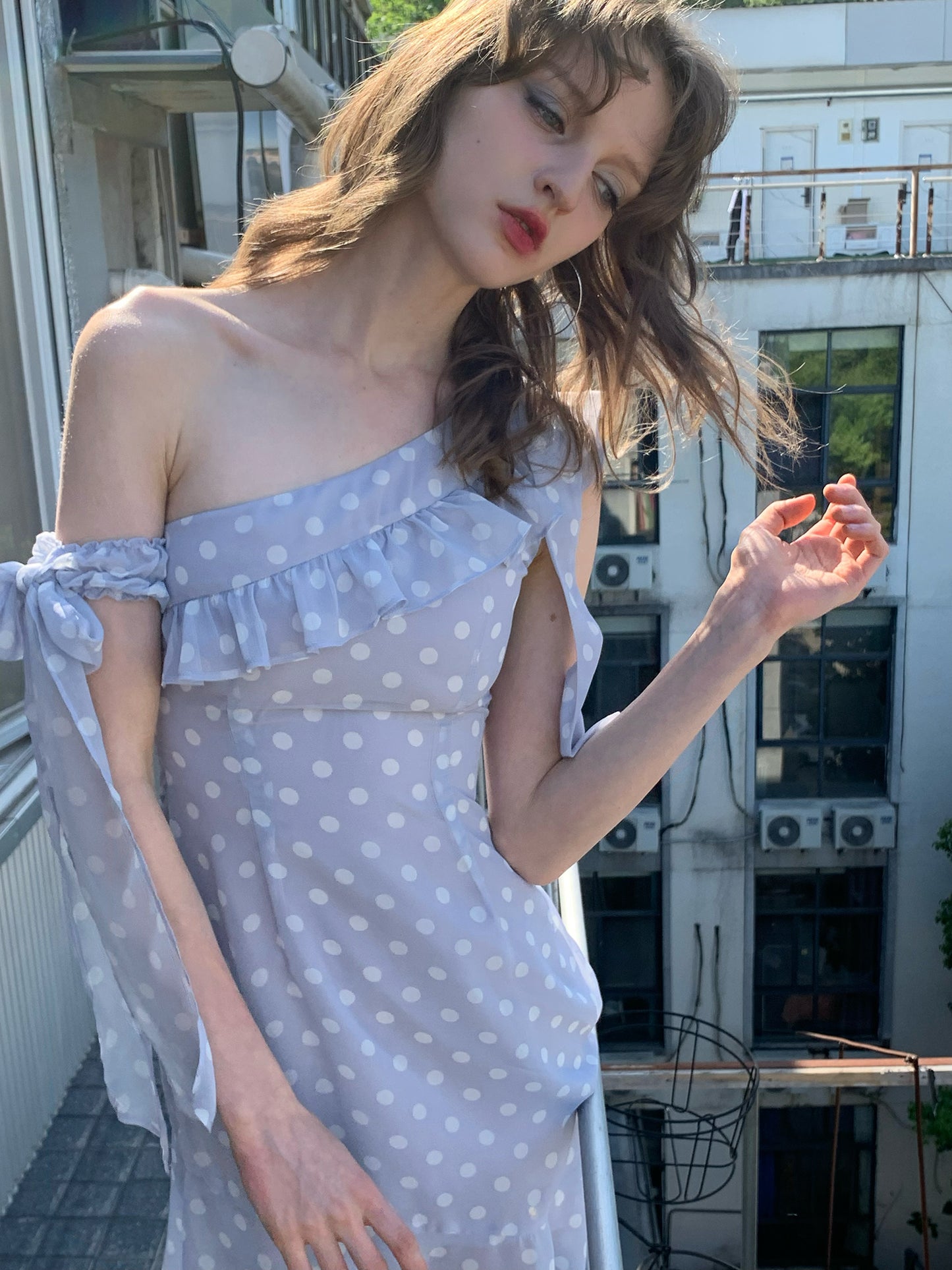 [A00842]Lavender Asymmetrical Polka Dot Dress