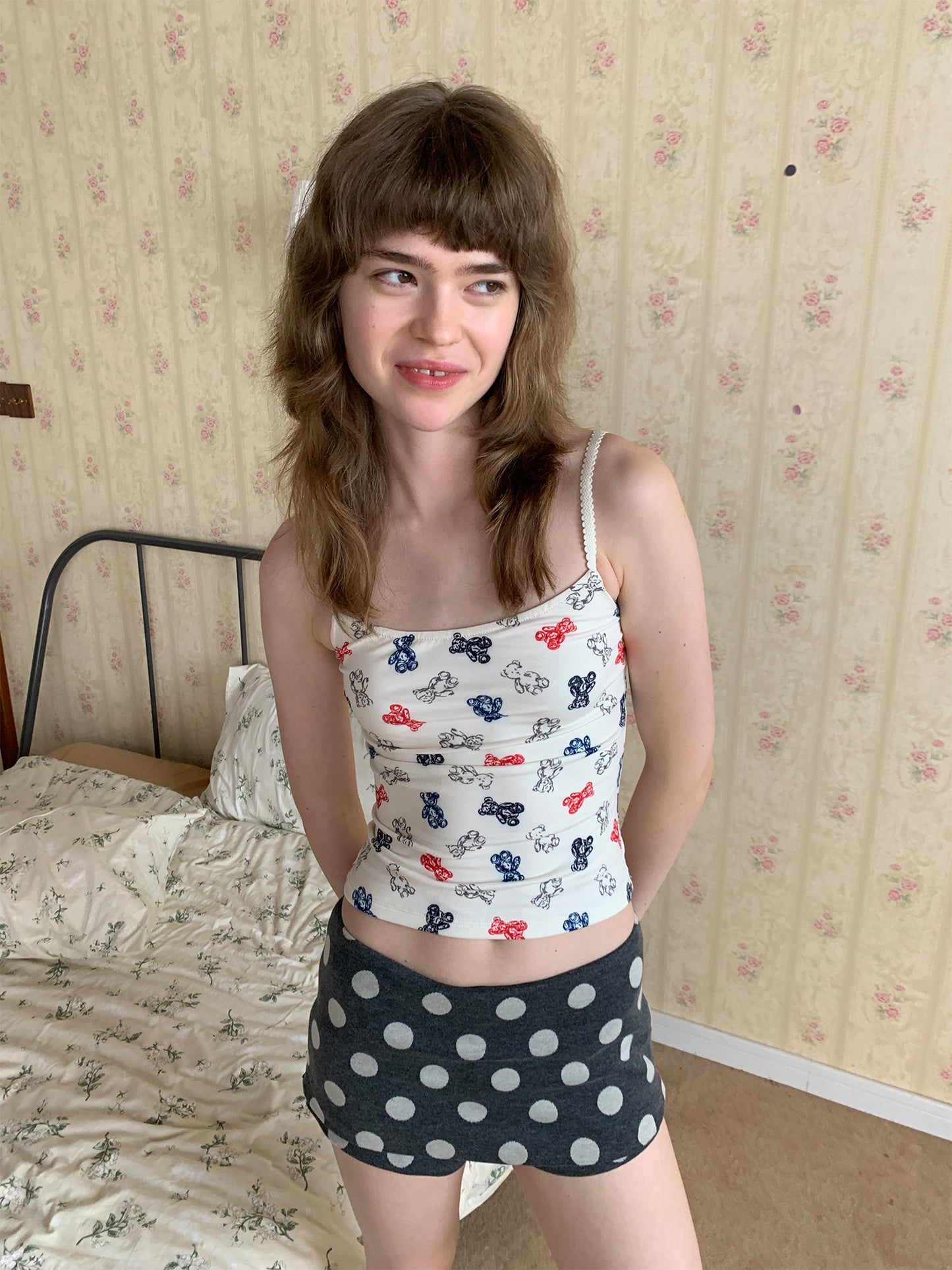 [A001008]Vintage Chic Teddy Bear Print Camisole Top