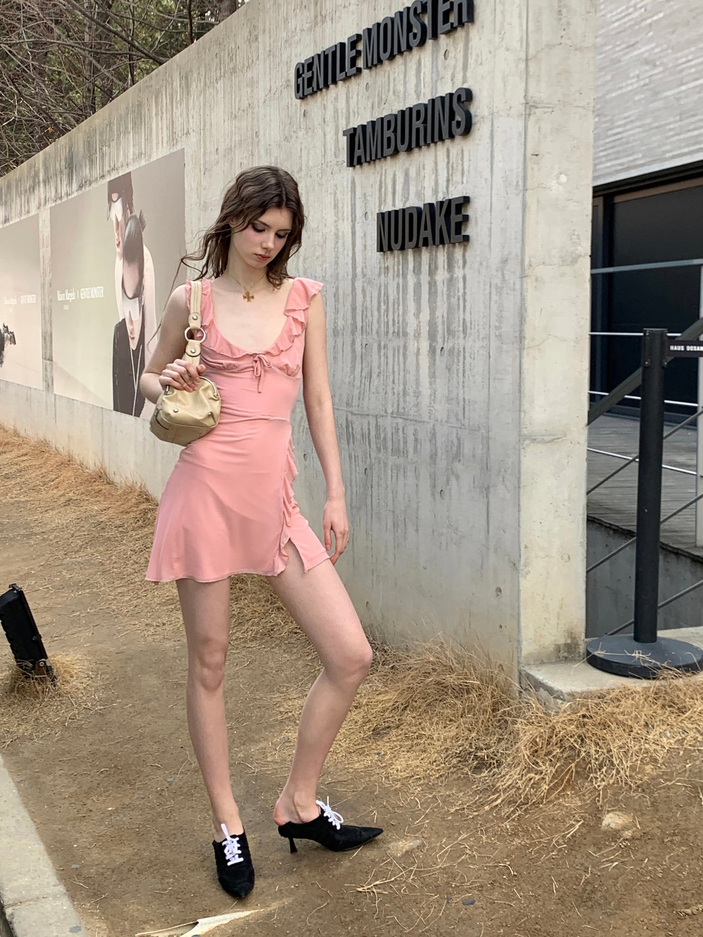 [A00809]Soft Mist Pink Romantic French Dress