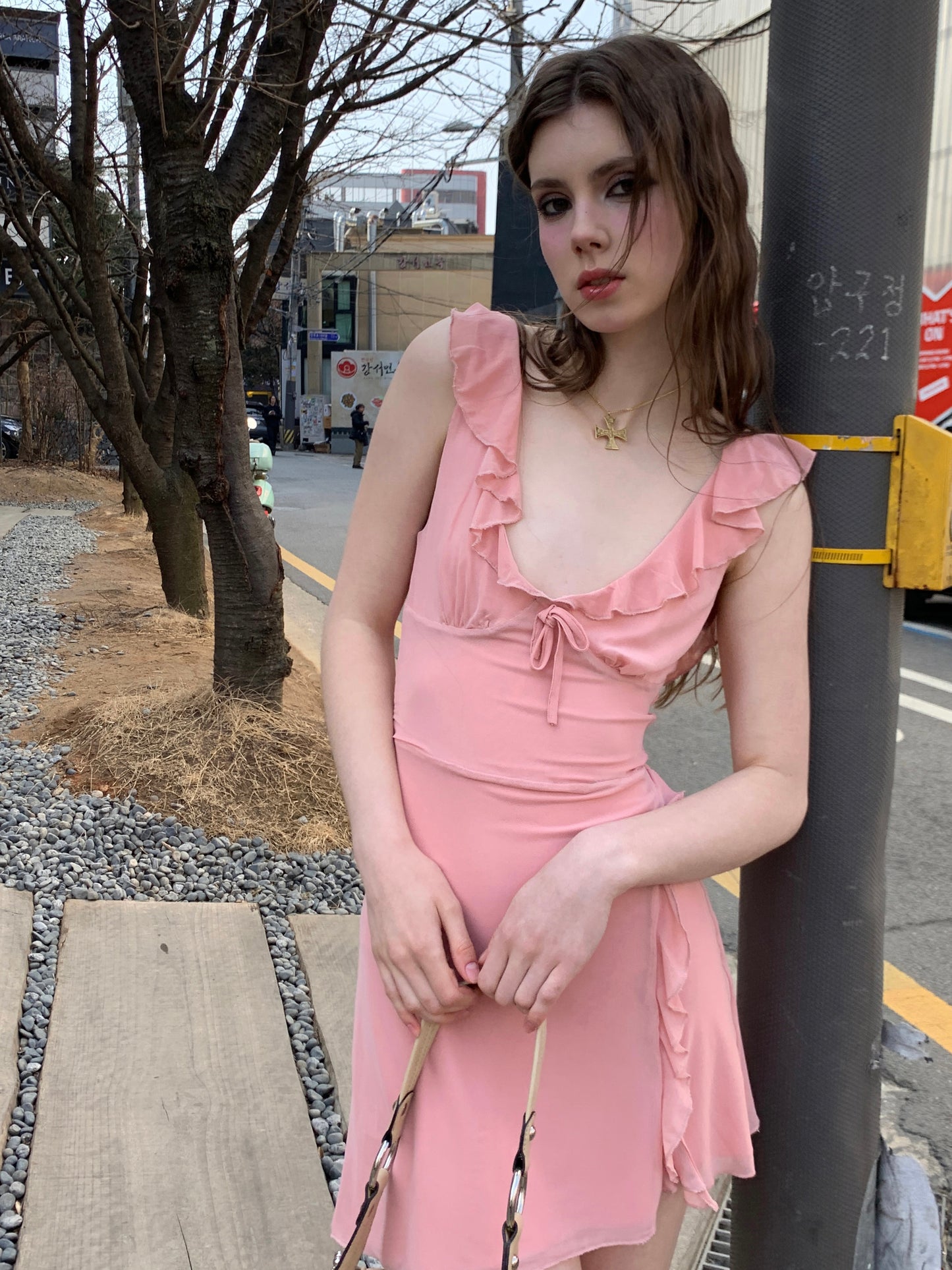 [A00809]Soft Mist Pink Romantic French Dress