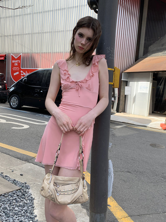 [A00809]Soft Mist Pink Romantic French Dress