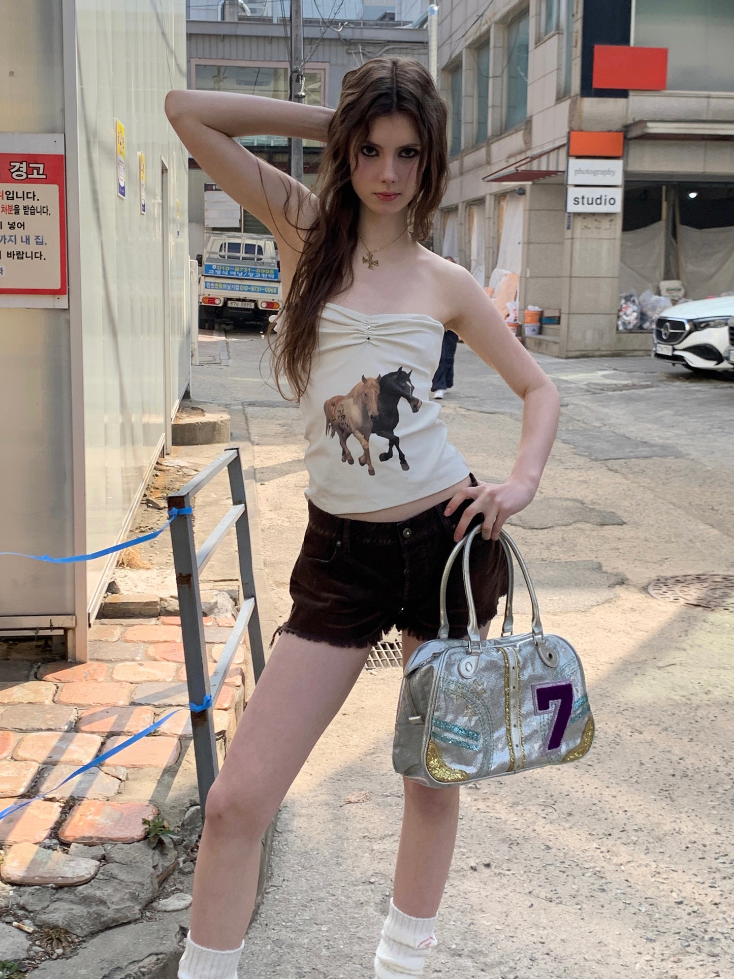 [A00810]Retro Cute Pony Print Bandeau Top
