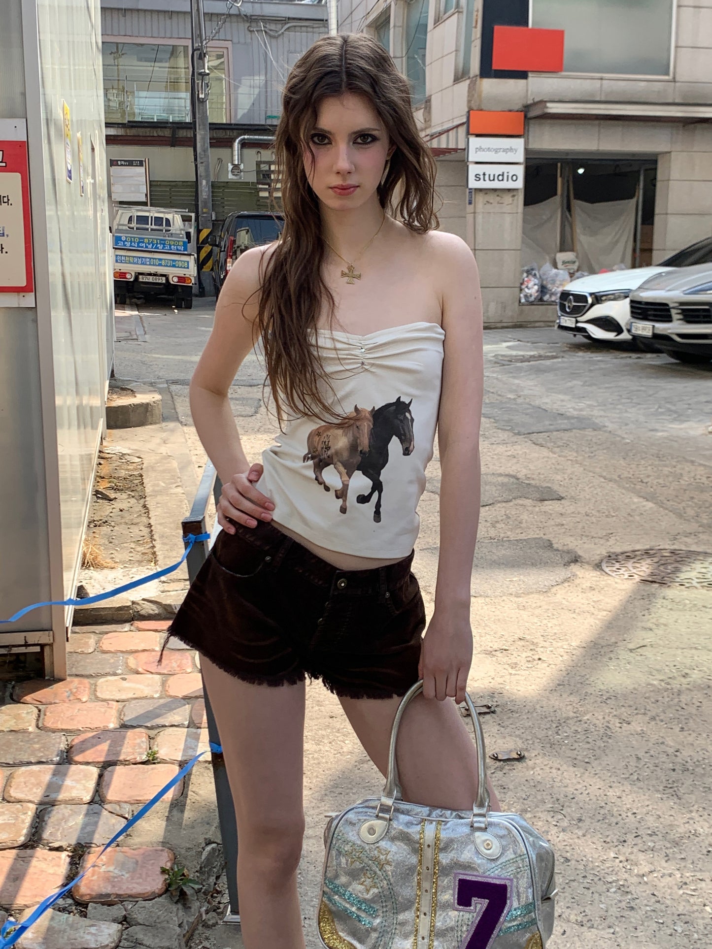[A00810]Retro Cute Pony Print Bandeau Top