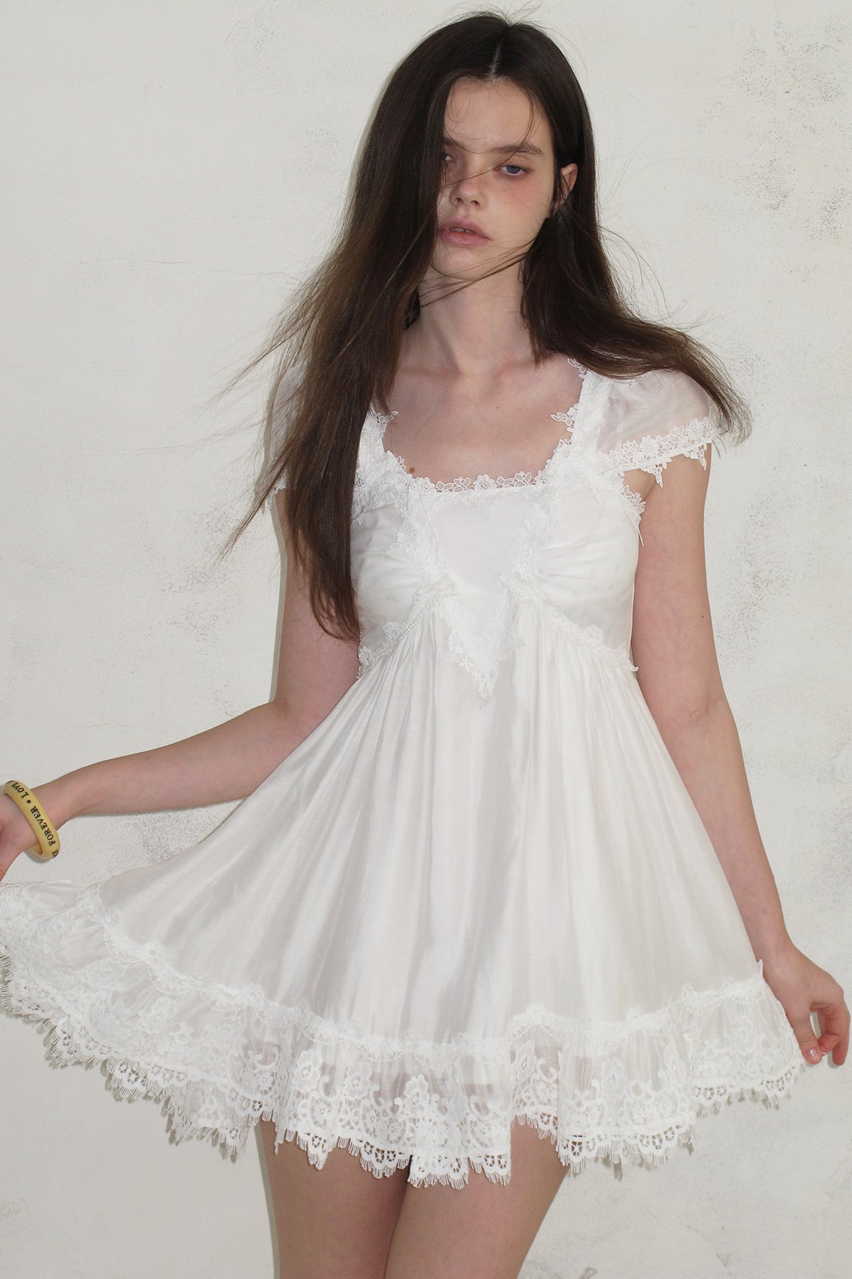 [A001333]Pure White Lace Midi Dress