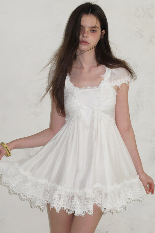 [A001333]Pure White Lace Midi Dress