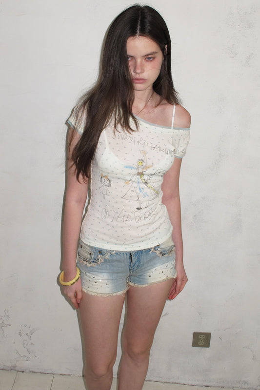 [A001308]Fresh Floral & Fun Graffiti Print Tee
