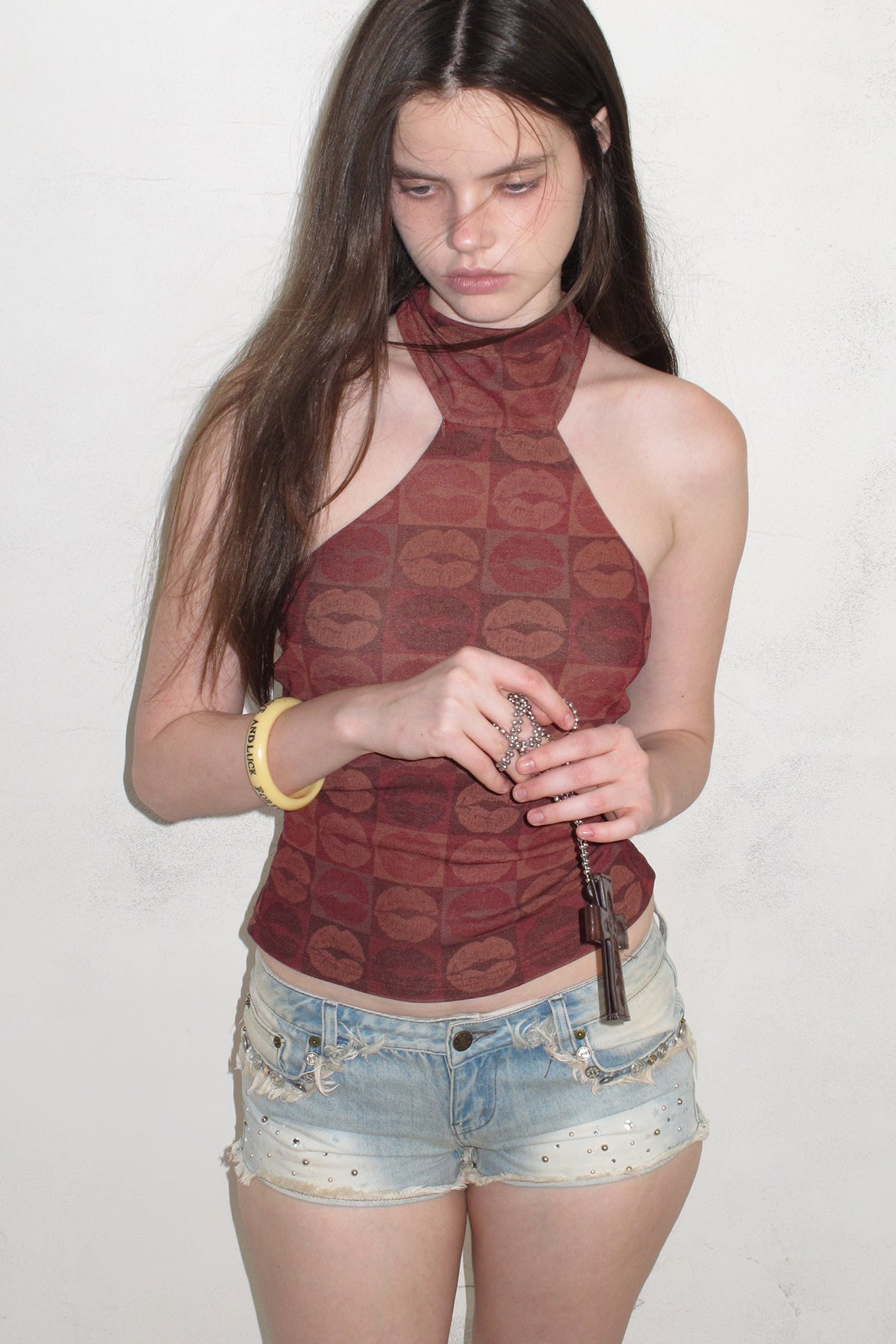 [A001303]Red Lip Print Sexy Halter Neck Cami Top