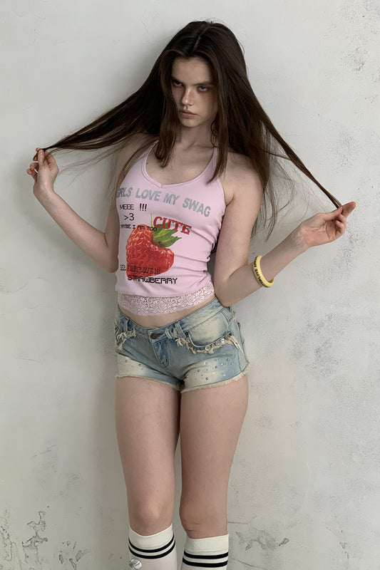 [A001325]Pink Strawberry Summer Halter Cami