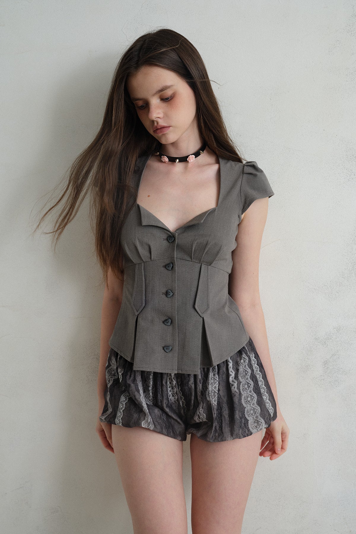 [A001300]Architectural Grey Waist-Cinching Blouse