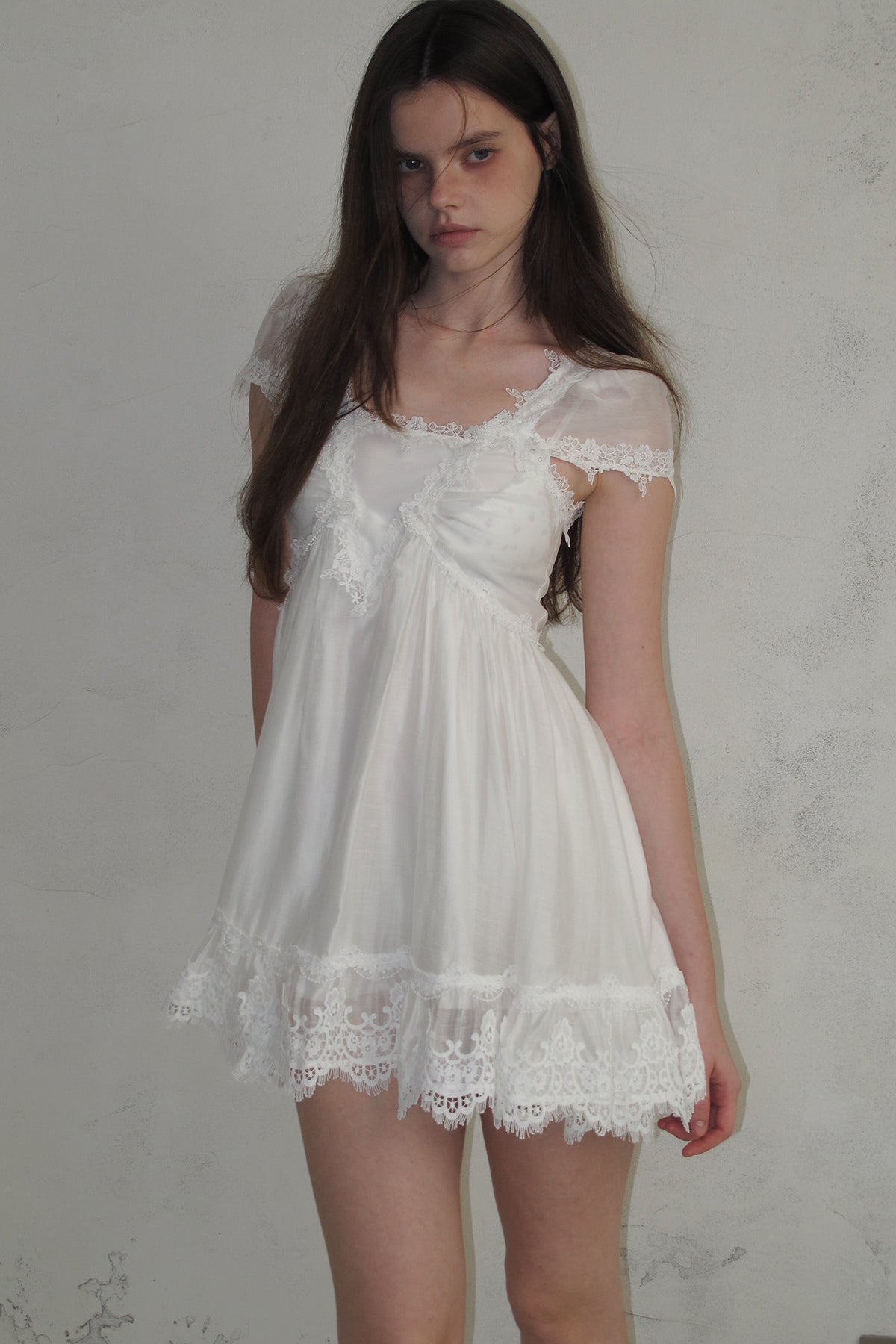 [A001333]Pure White Lace Midi Dress