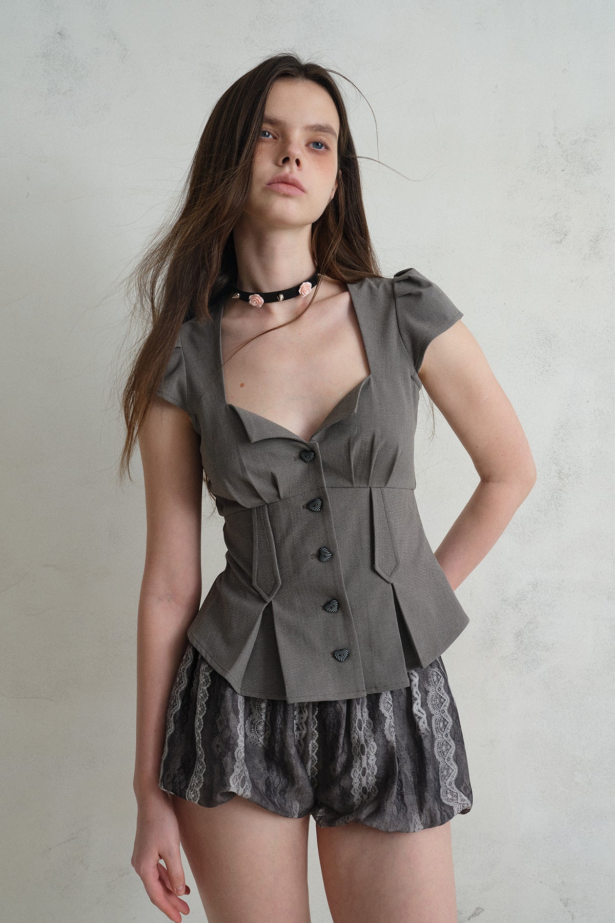 [A001300]Architectural Grey Waist-Cinching Blouse