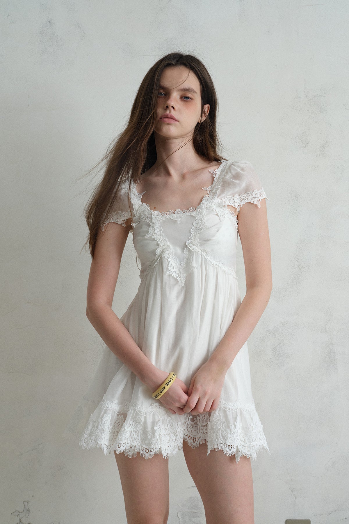[A001333]Pure White Lace Midi Dress