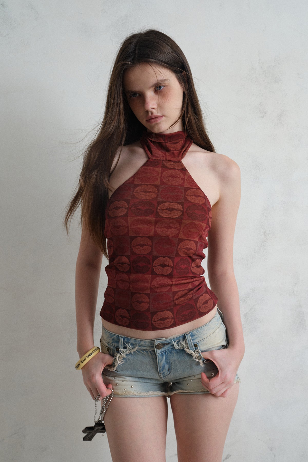 [A001303]Red Lip Print Sexy Halter Neck Cami Top