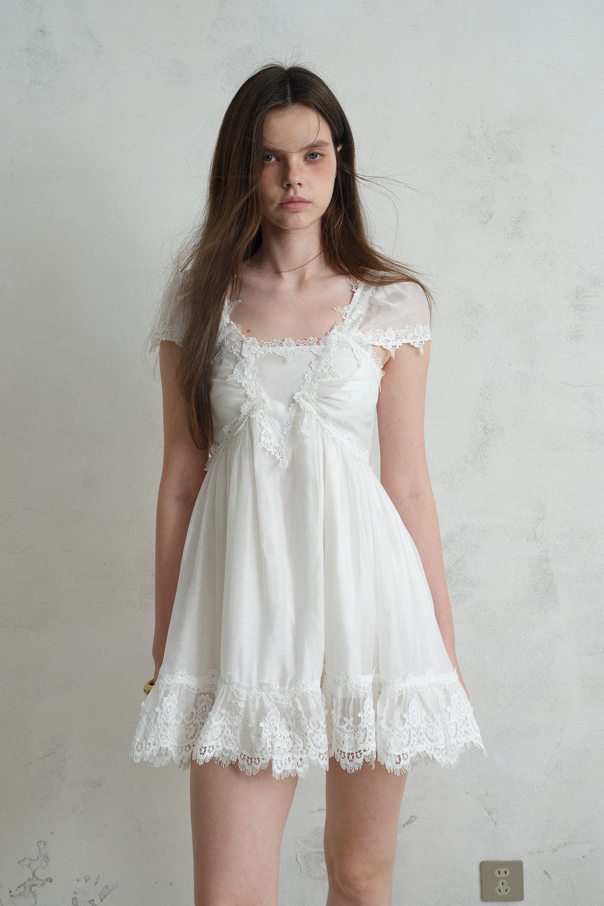 [A001333]Pure White Lace Midi Dress