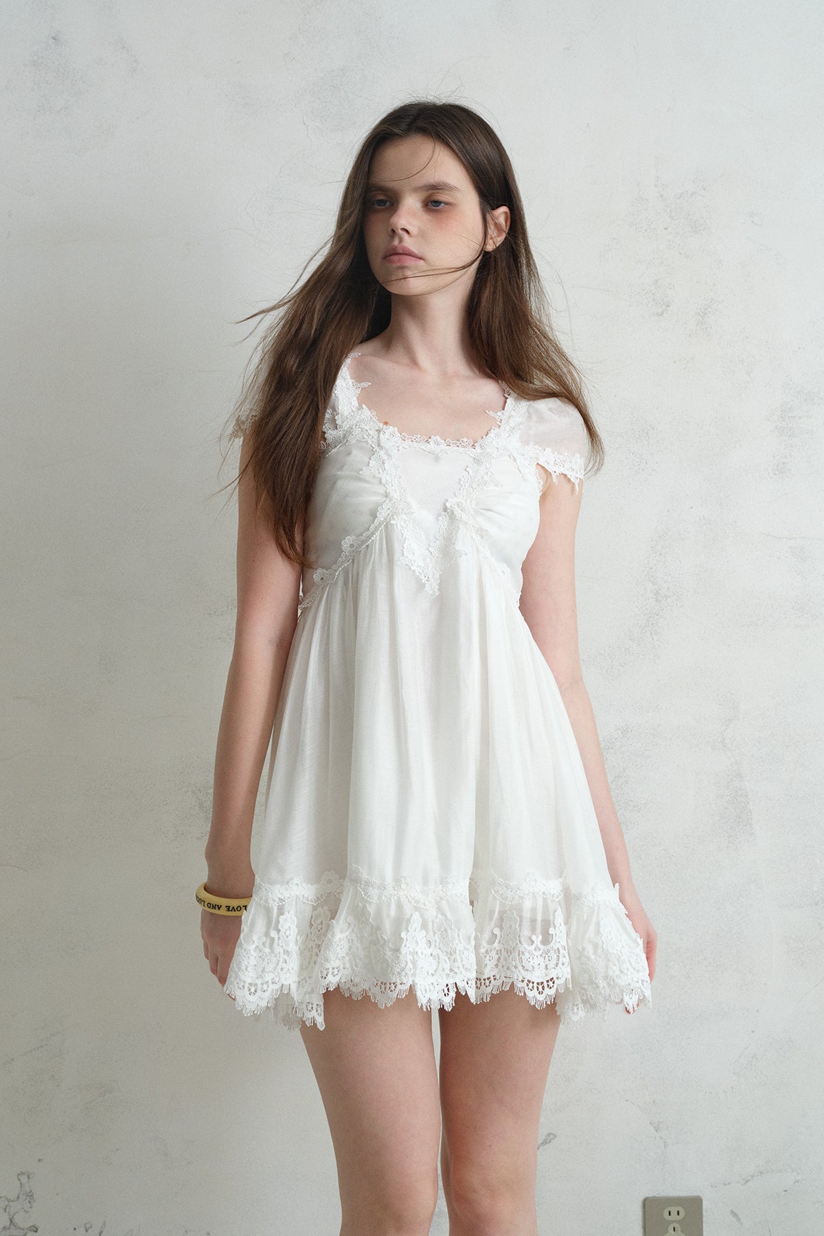 [A001333]Pure White Lace Midi Dress