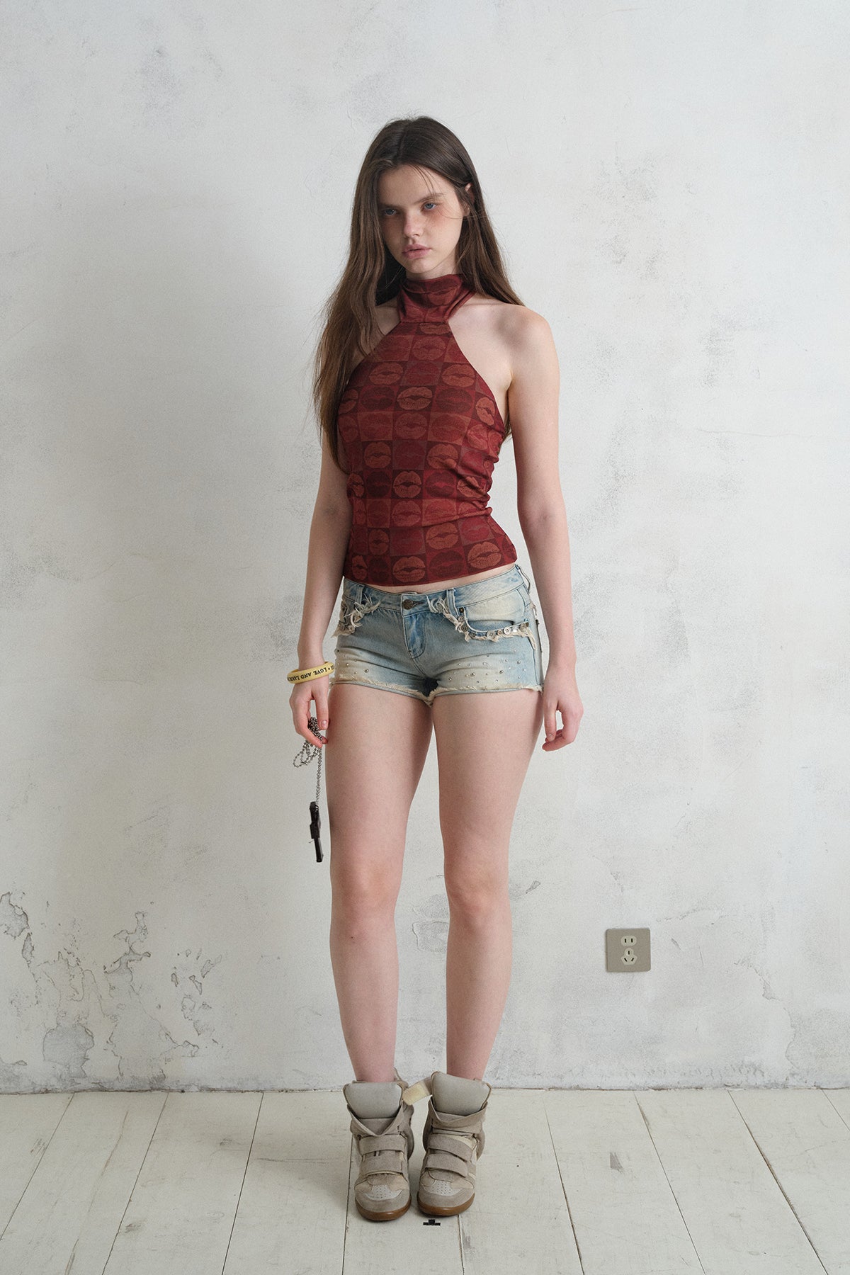 [A001303]Red Lip Print Sexy Halter Neck Cami Top