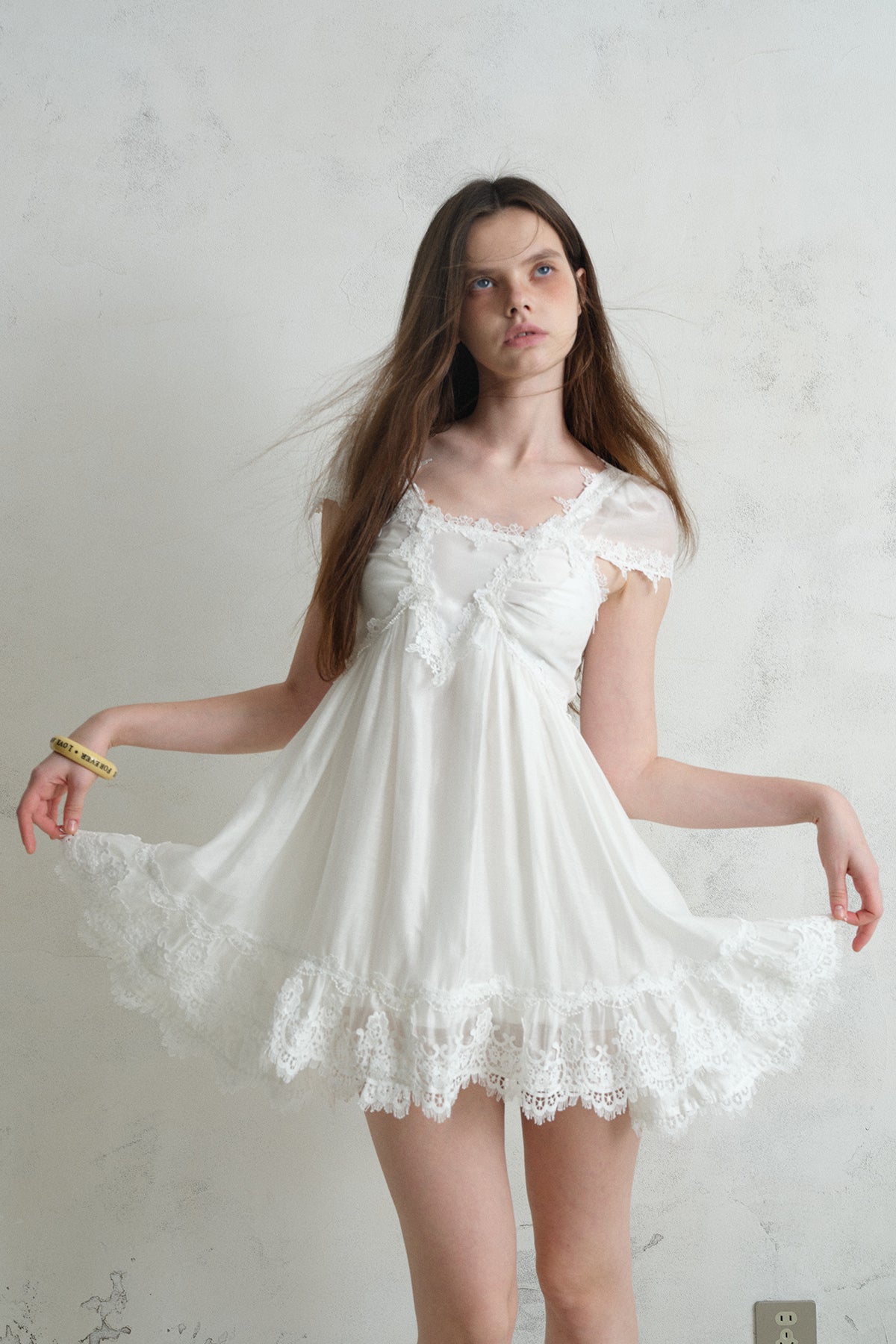 [A001333]Pure White Lace Midi Dress