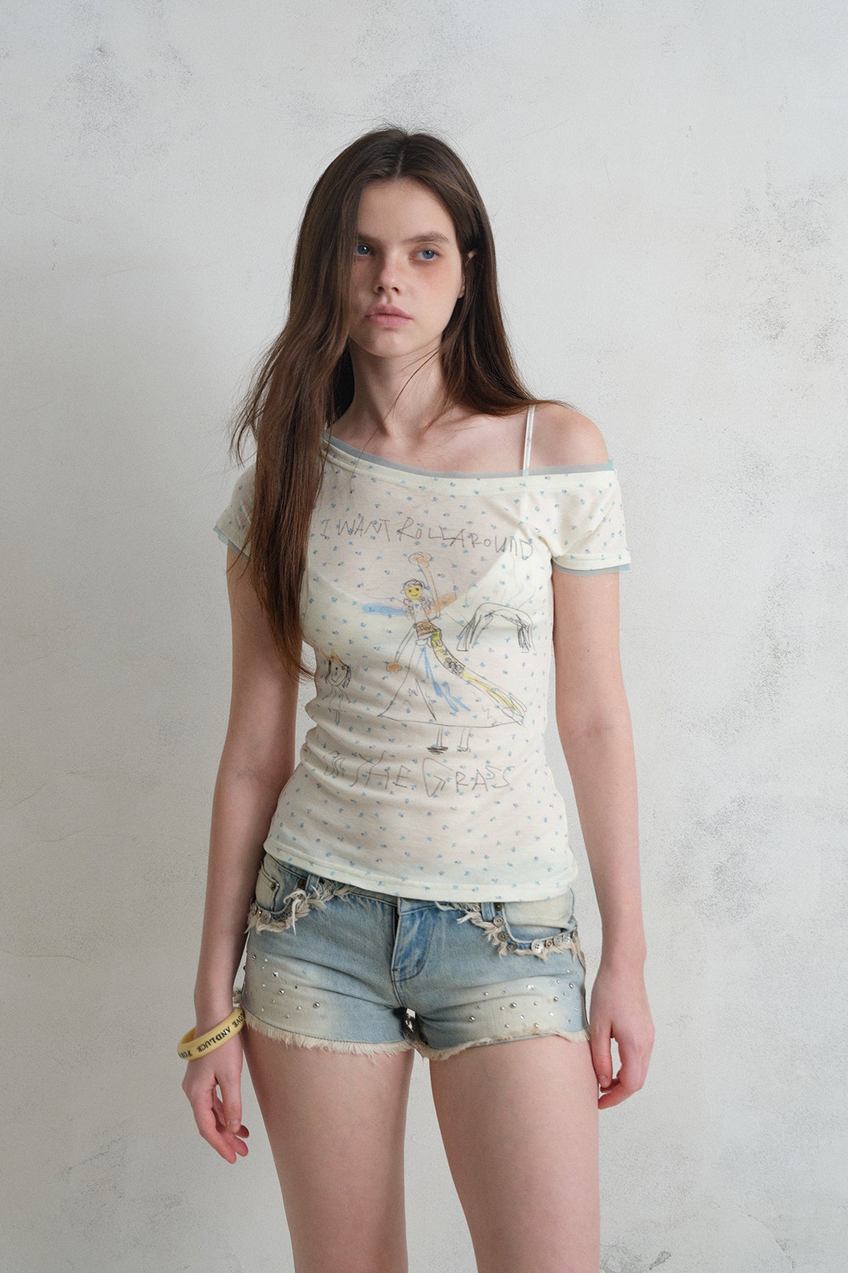 [A001327]Retro Crystal Button Light Wash Denim Shorts