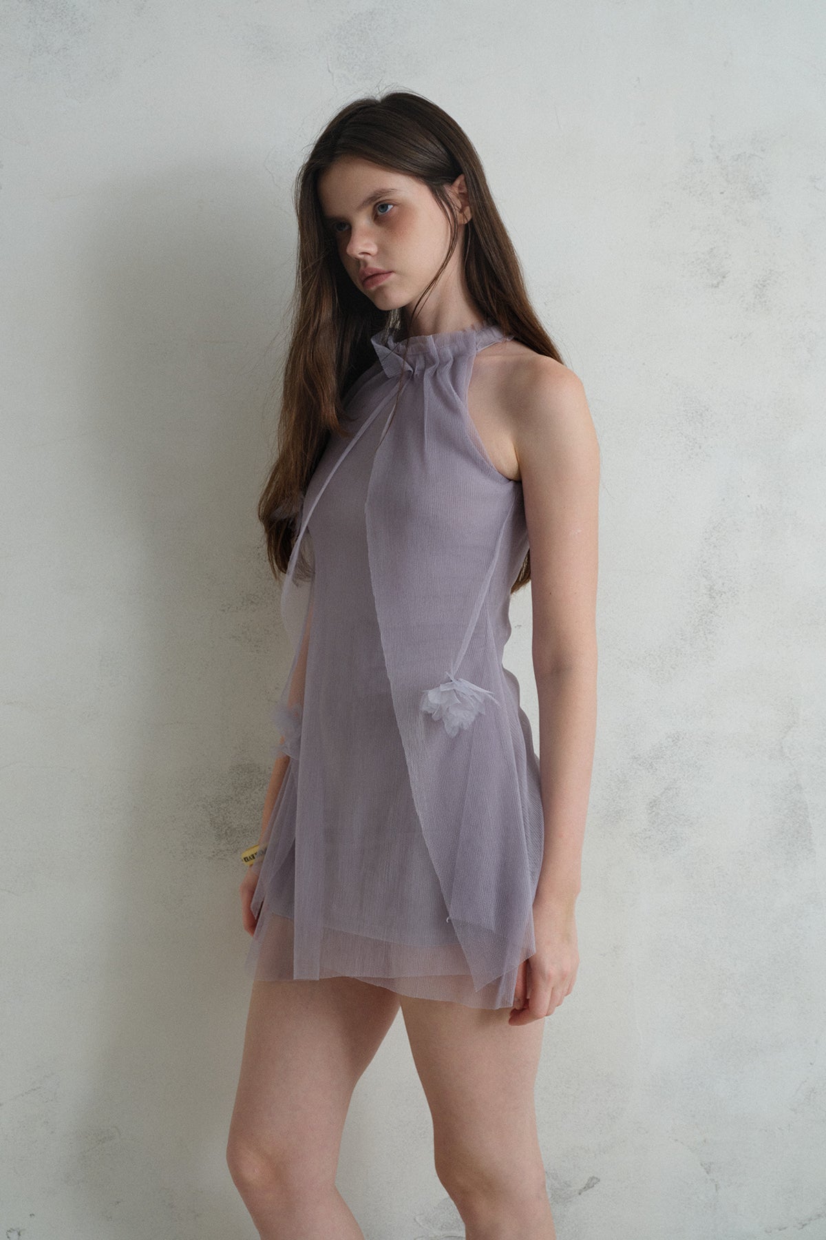 [A001331]Misty Lavender Sheer Chiffon Halter Neck Dress