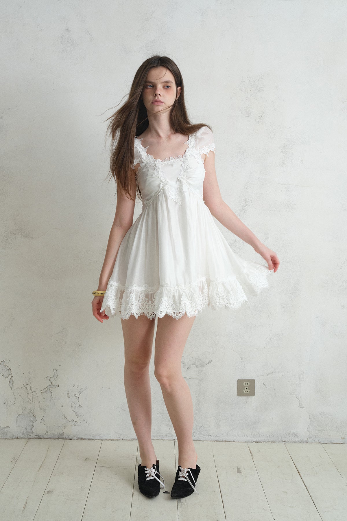 [A001333]Pure White Lace Midi Dress