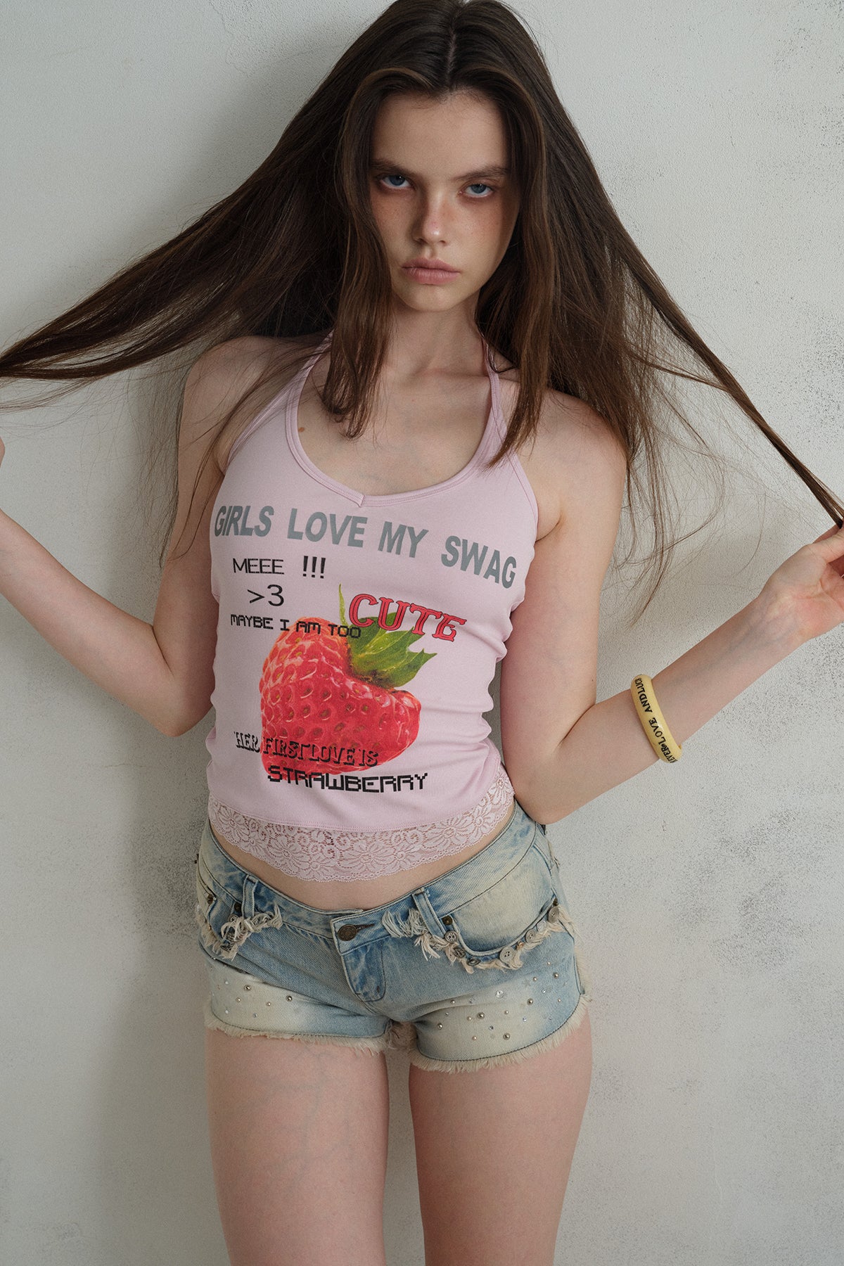 [A001325]Pink Strawberry Summer Halter Cami