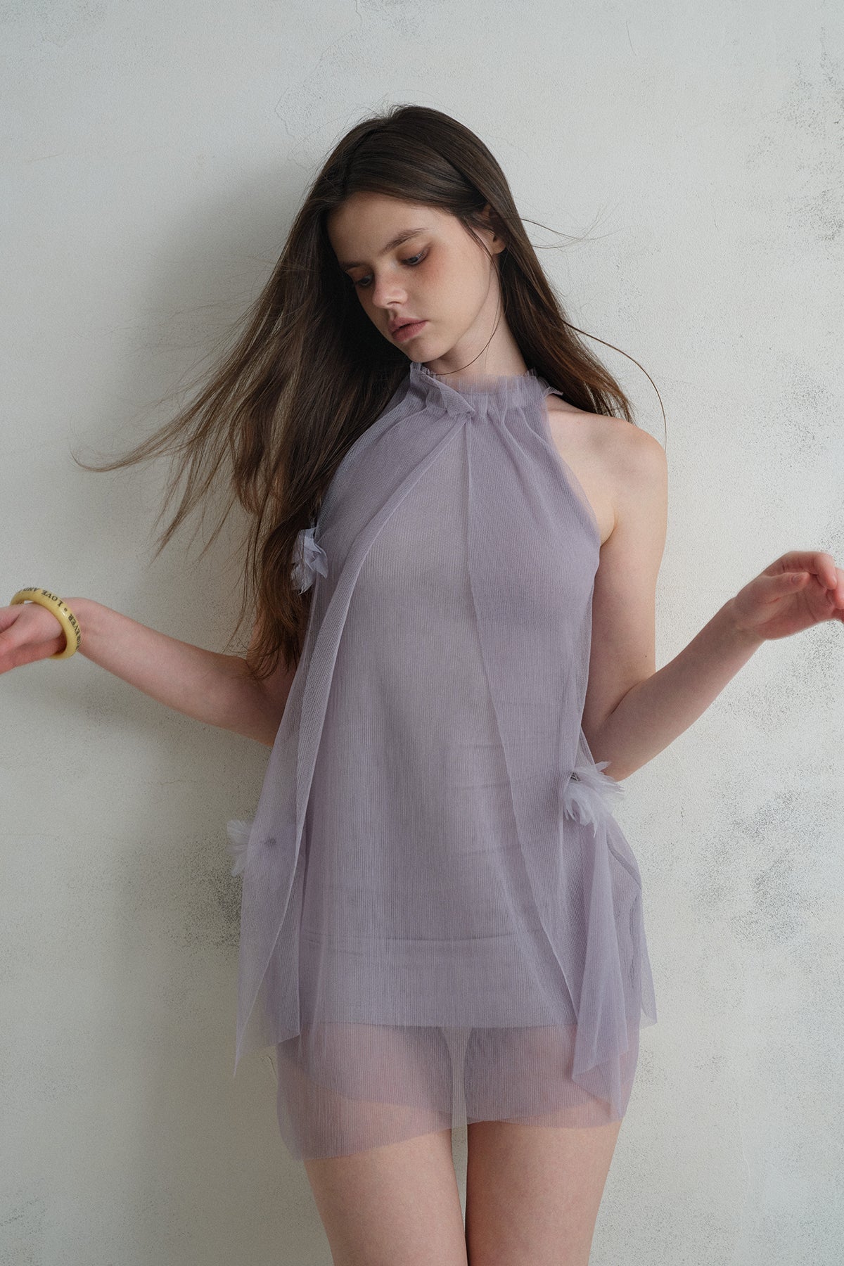 [A001331]Misty Lavender Sheer Chiffon Halter Neck Dress