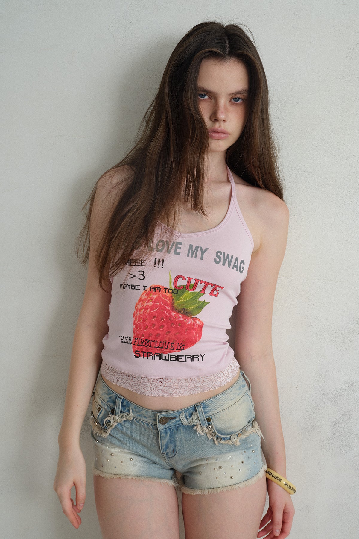 [A001327]Retro Crystal Button Light Wash Denim Shorts