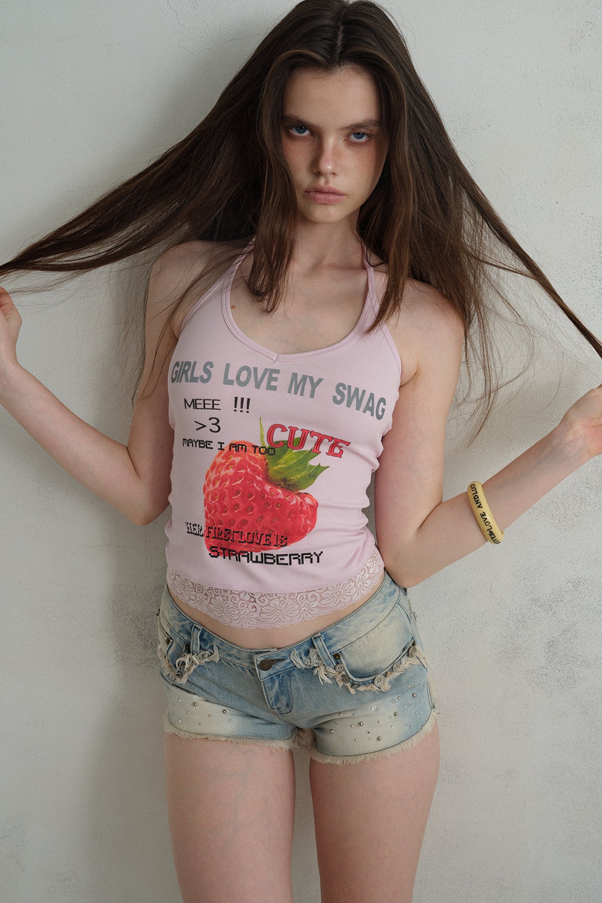 [A001327]Retro Crystal Button Light Wash Denim Shorts