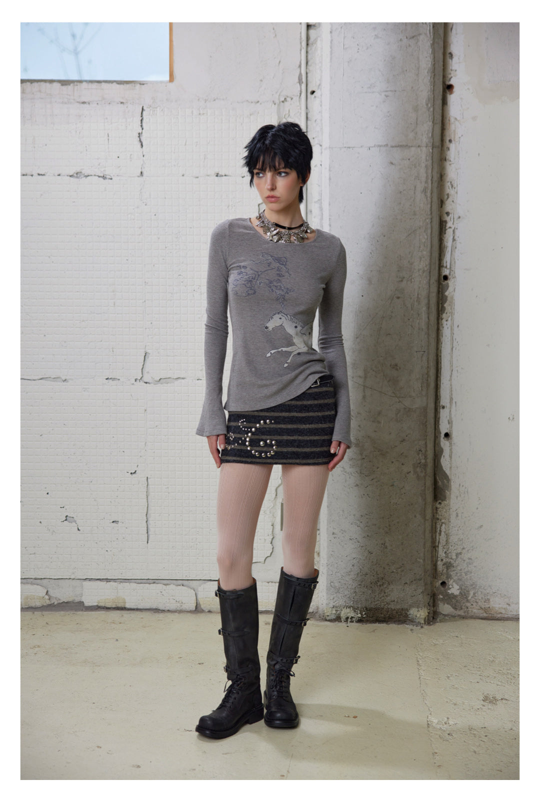 [G0065]Pony Printed Round-neck Long-sleeved T-shirt