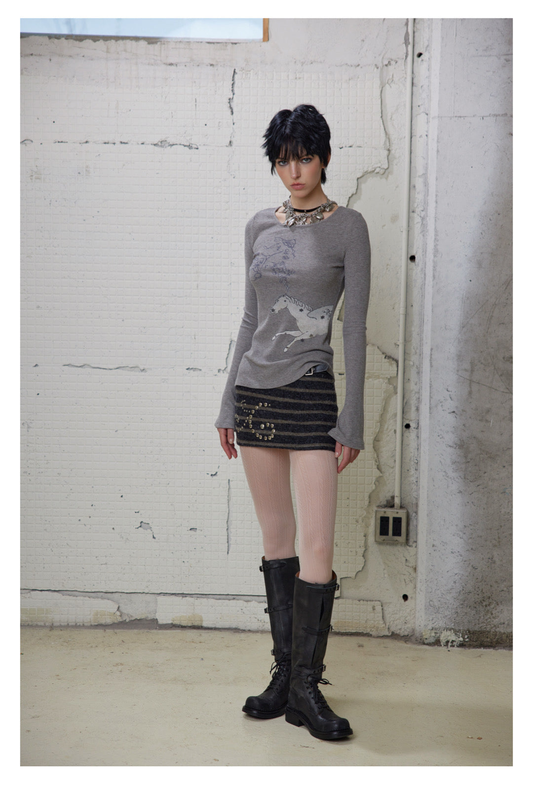 [G0065]Pony Printed Round-neck Long-sleeved T-shirt