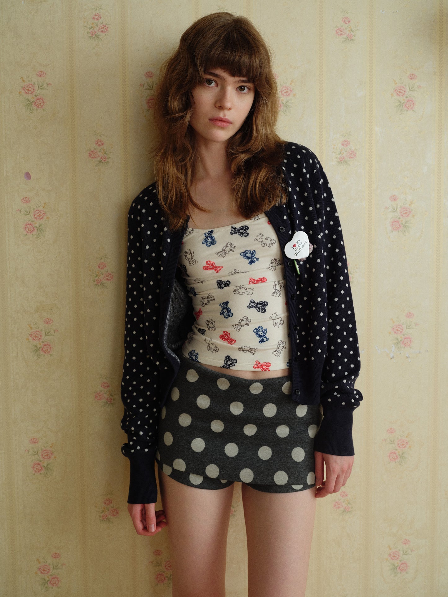 [A001008]Vintage Chic Teddy Bear Print Camisole Top