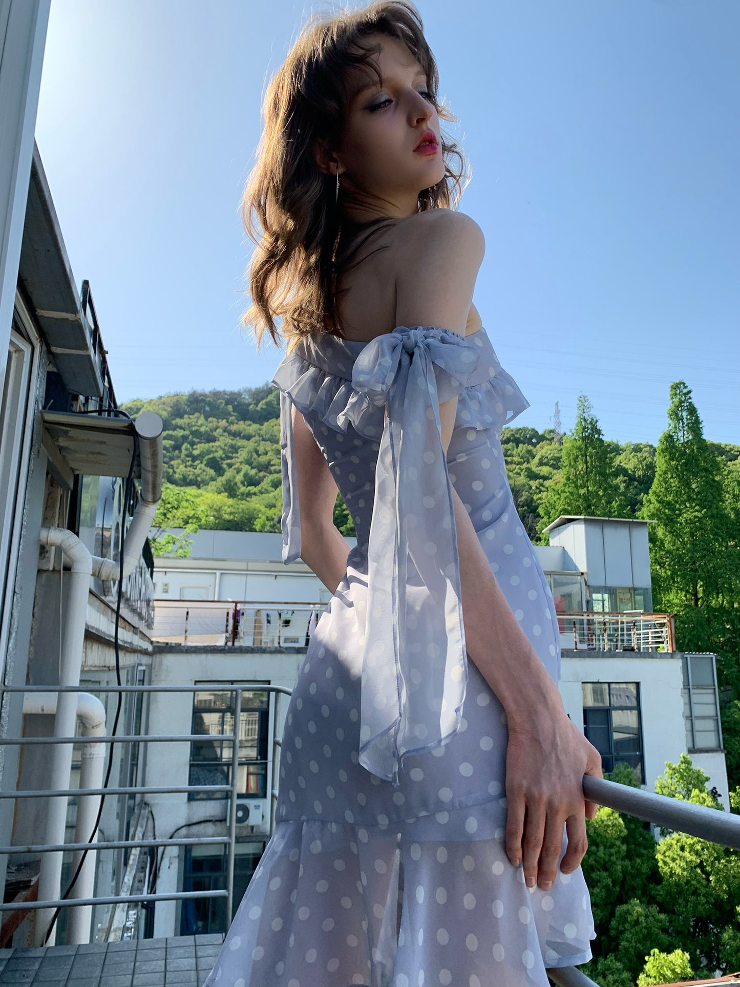 [A00842]Lavender Asymmetrical Polka Dot Dress
