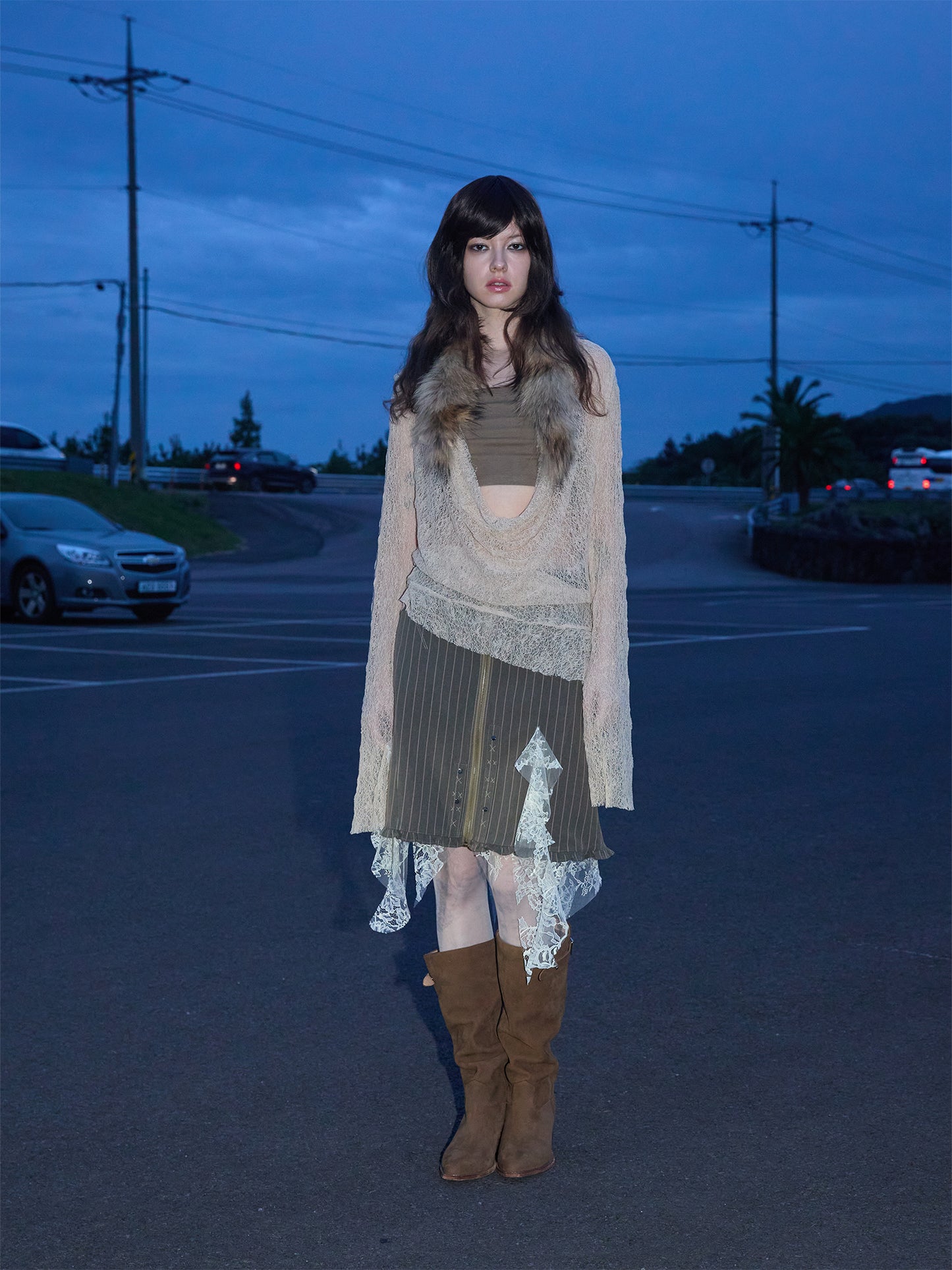 [S0022]Green Striped Vintage Lace Skirt