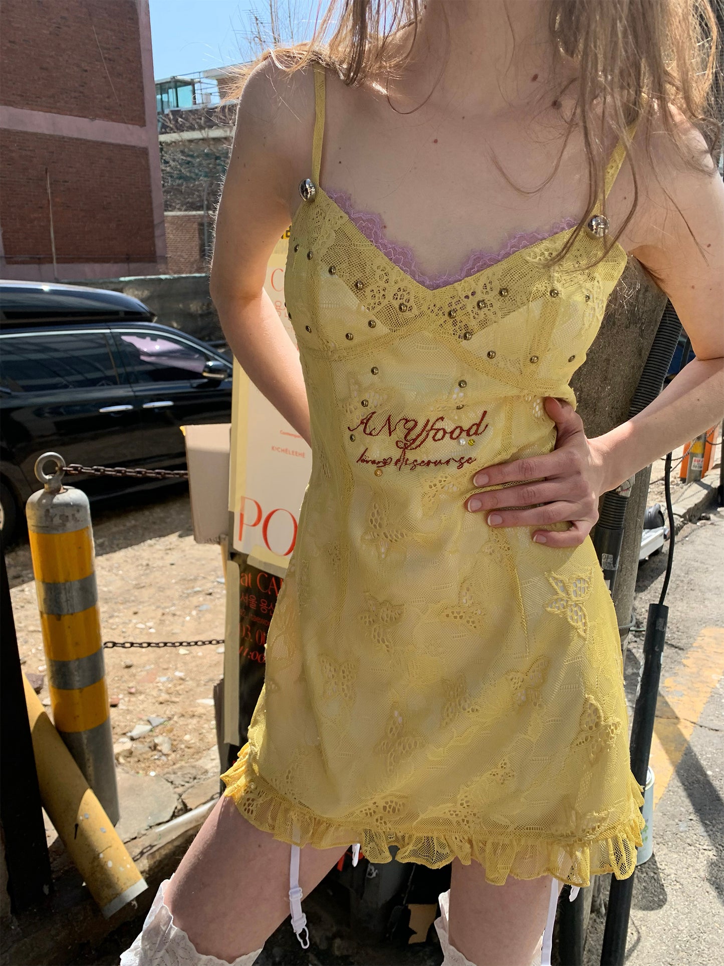 [F0088]Lemon Yellow Lace Slip Dress
