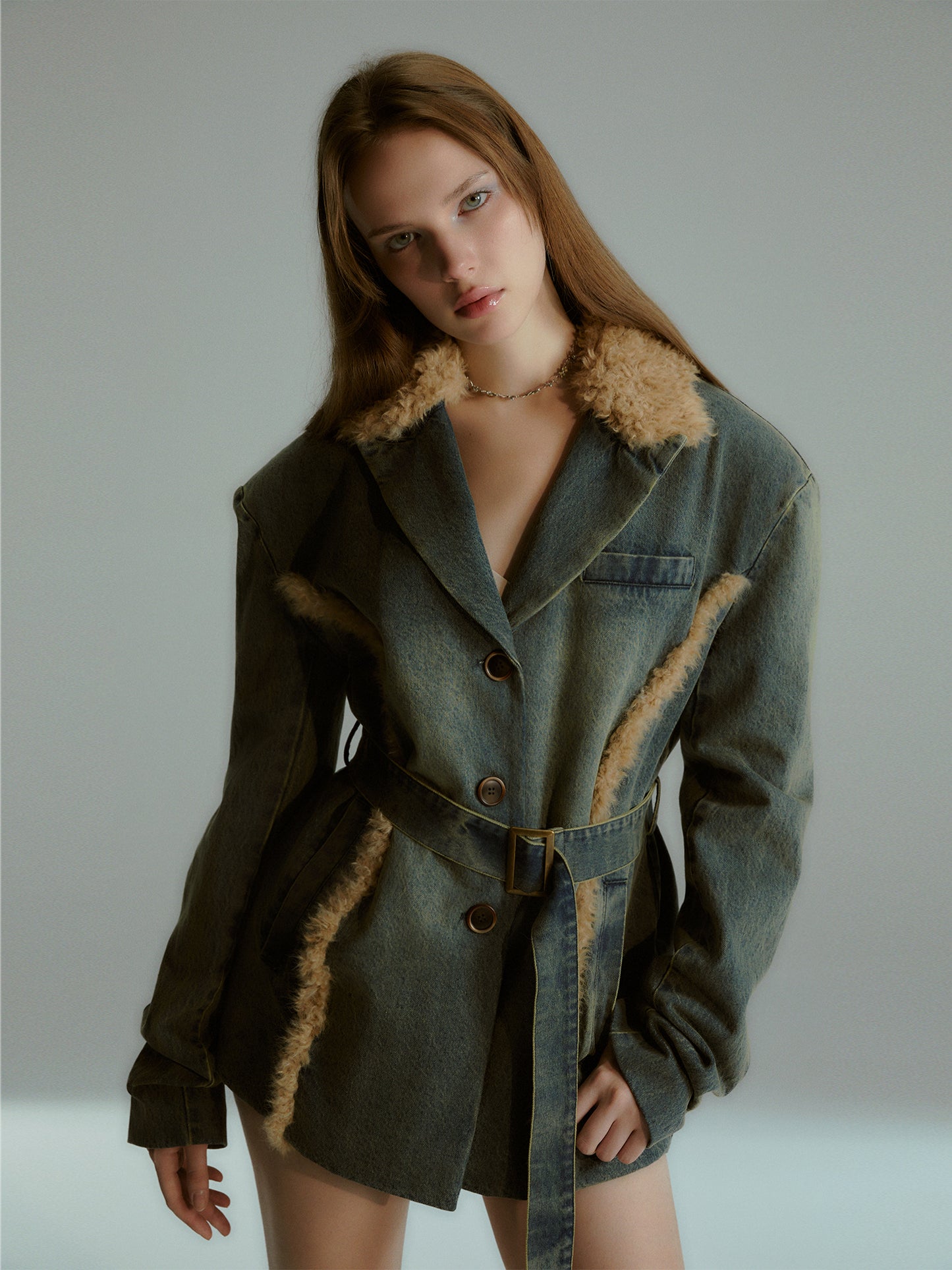 Sale[F0042]Denim fleece lace-up quilted jacket