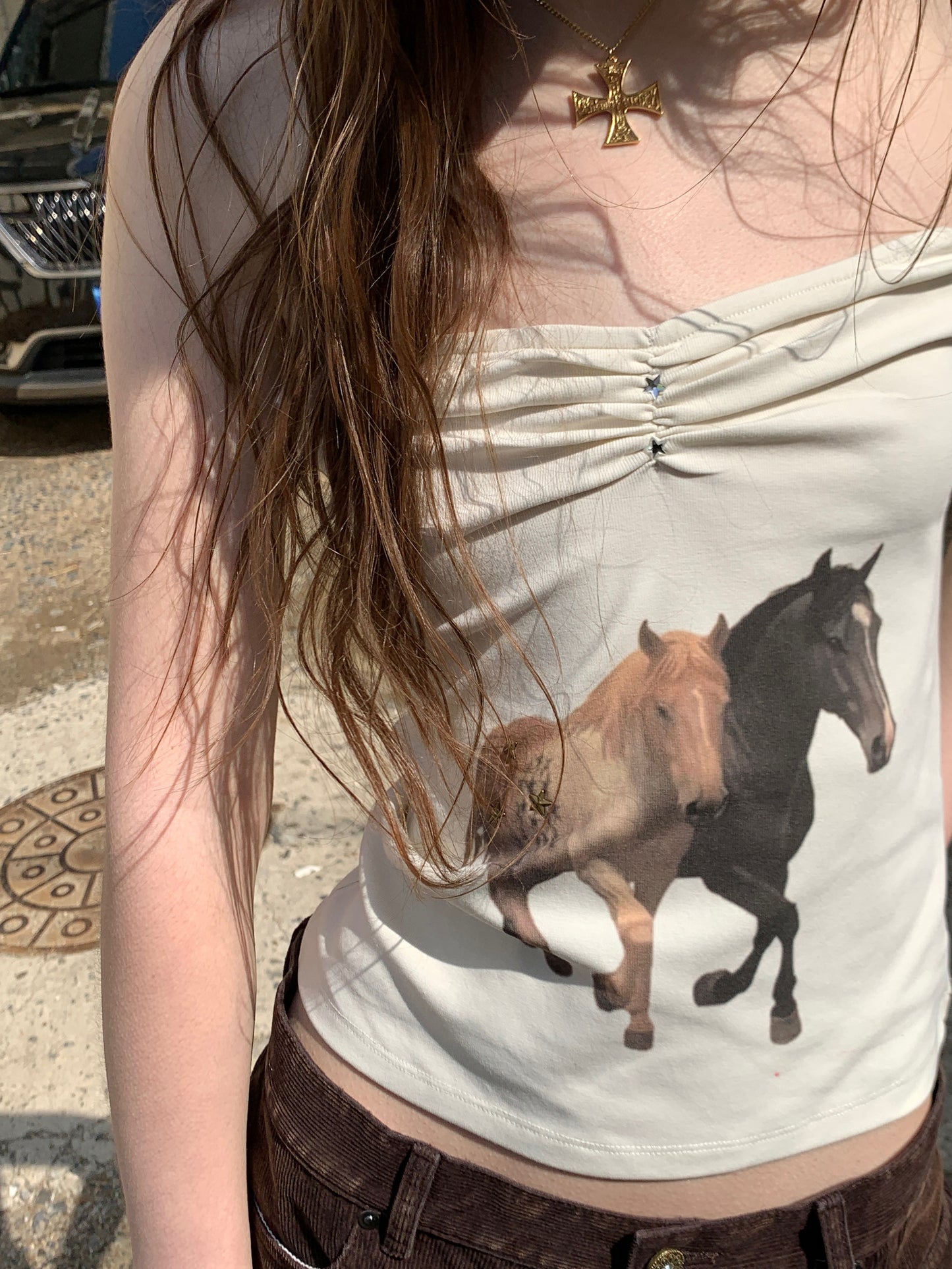 [A00810]Retro Cute Pony Print Bandeau Top