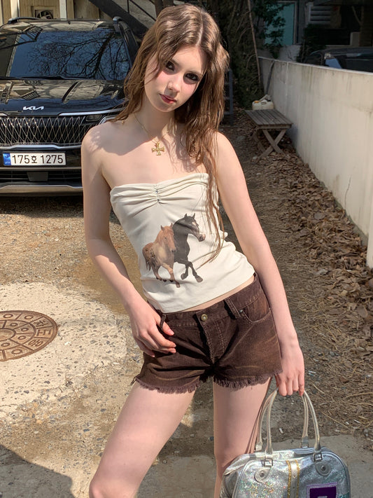 [A00810]Retro Cute Pony Print Bandeau Top
