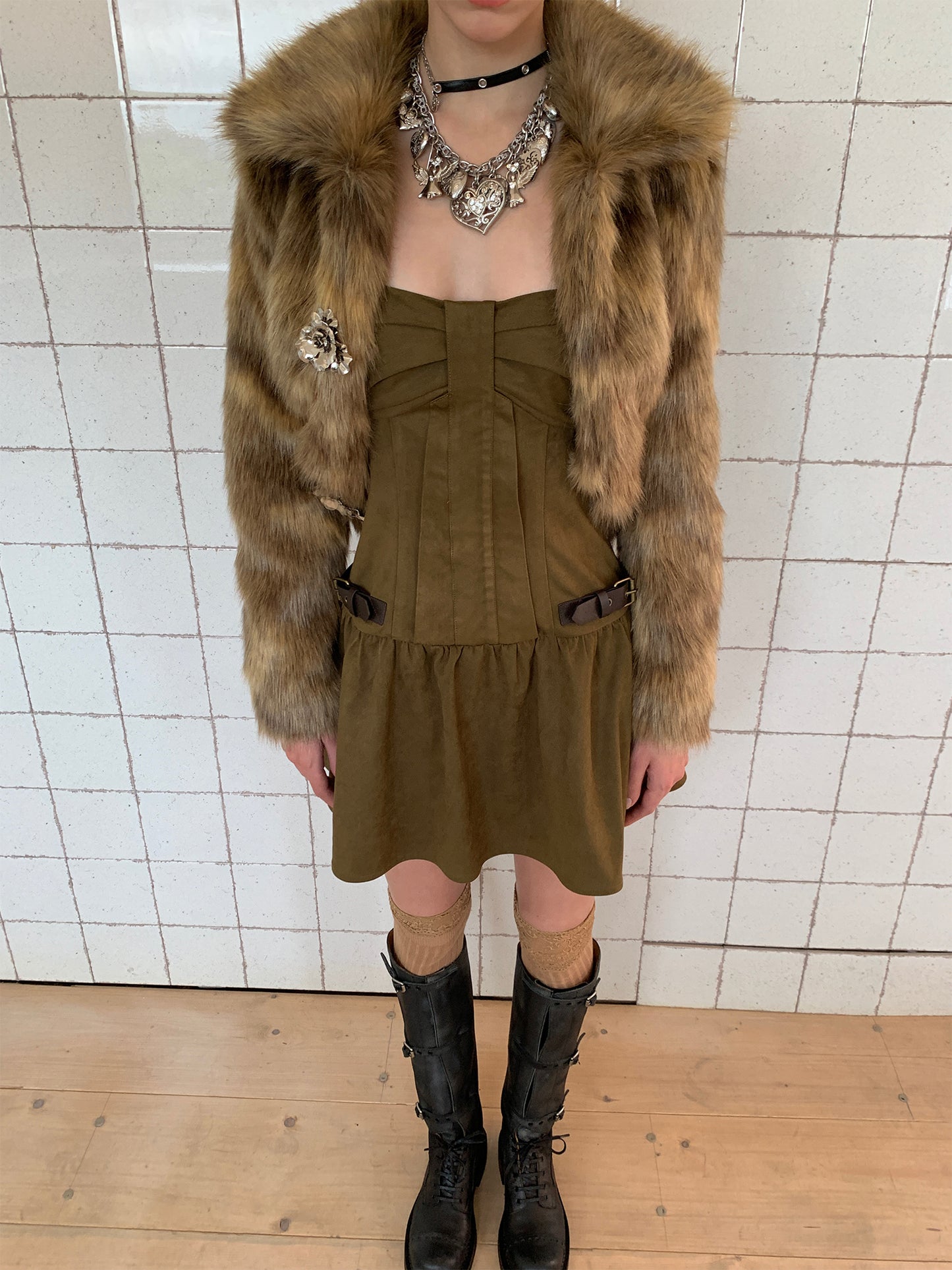 [G0072]Short-collar Eco-friendly Faux Fur Coat