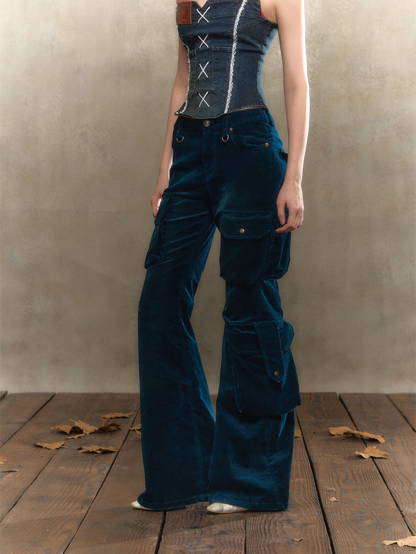 [S0056]Retro tipsy dark blue pocketed slim-fit flared pants
