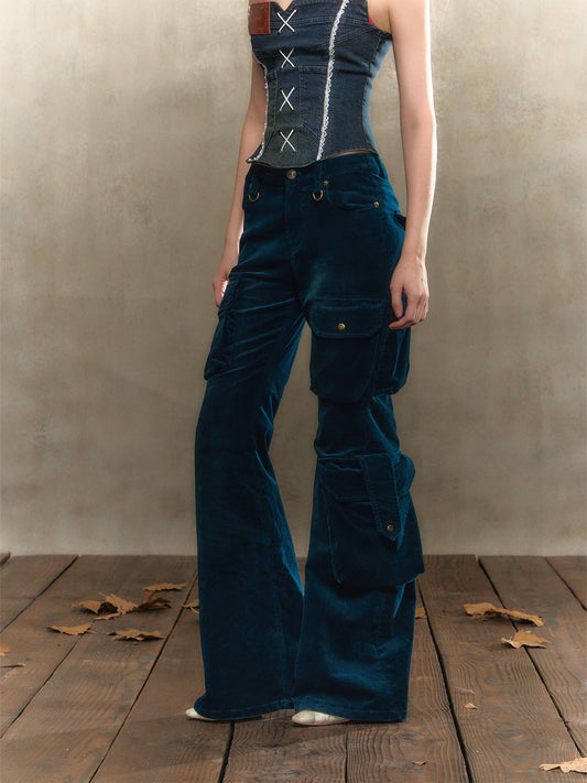 [S0056]Retro tipsy dark blue pocketed slim-fit flared pants