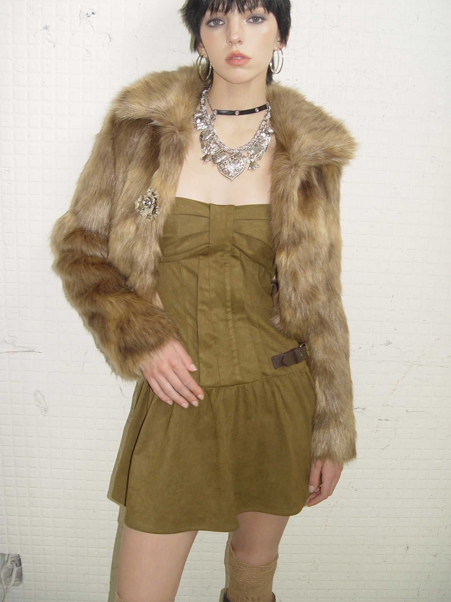 [G0072]Short-collar Eco-friendly Faux Fur Coat