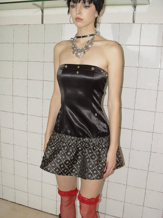 [G0073]Black Rivet Jacquard Waist-cinching Dress