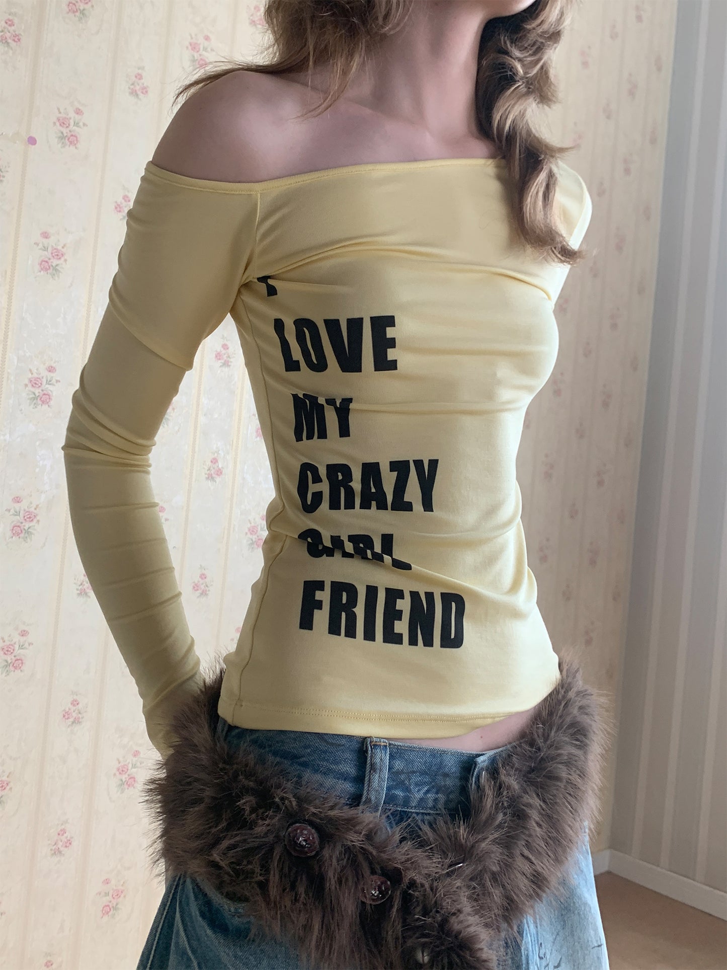 [A001024]Yellow Off-Shoulder Long Sleeve Top