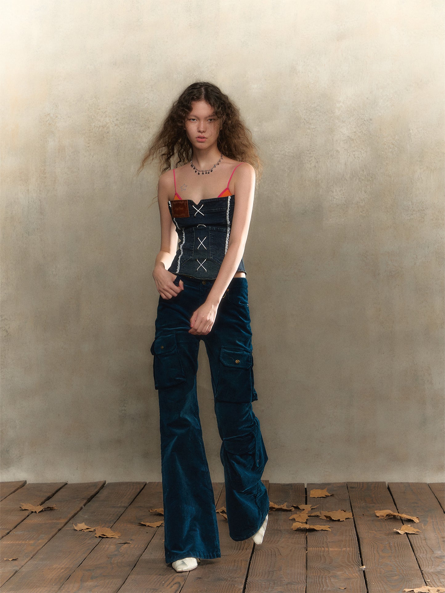 [S0056]Retro tipsy dark blue pocketed slim-fit flared pants