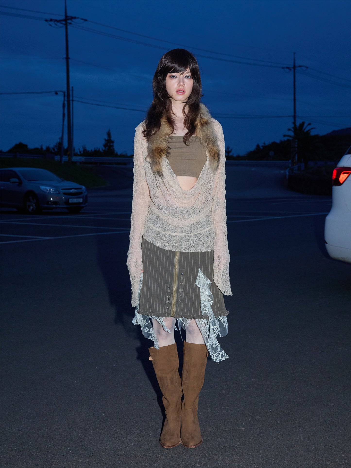 [S0022]Green Striped Vintage Lace Skirt