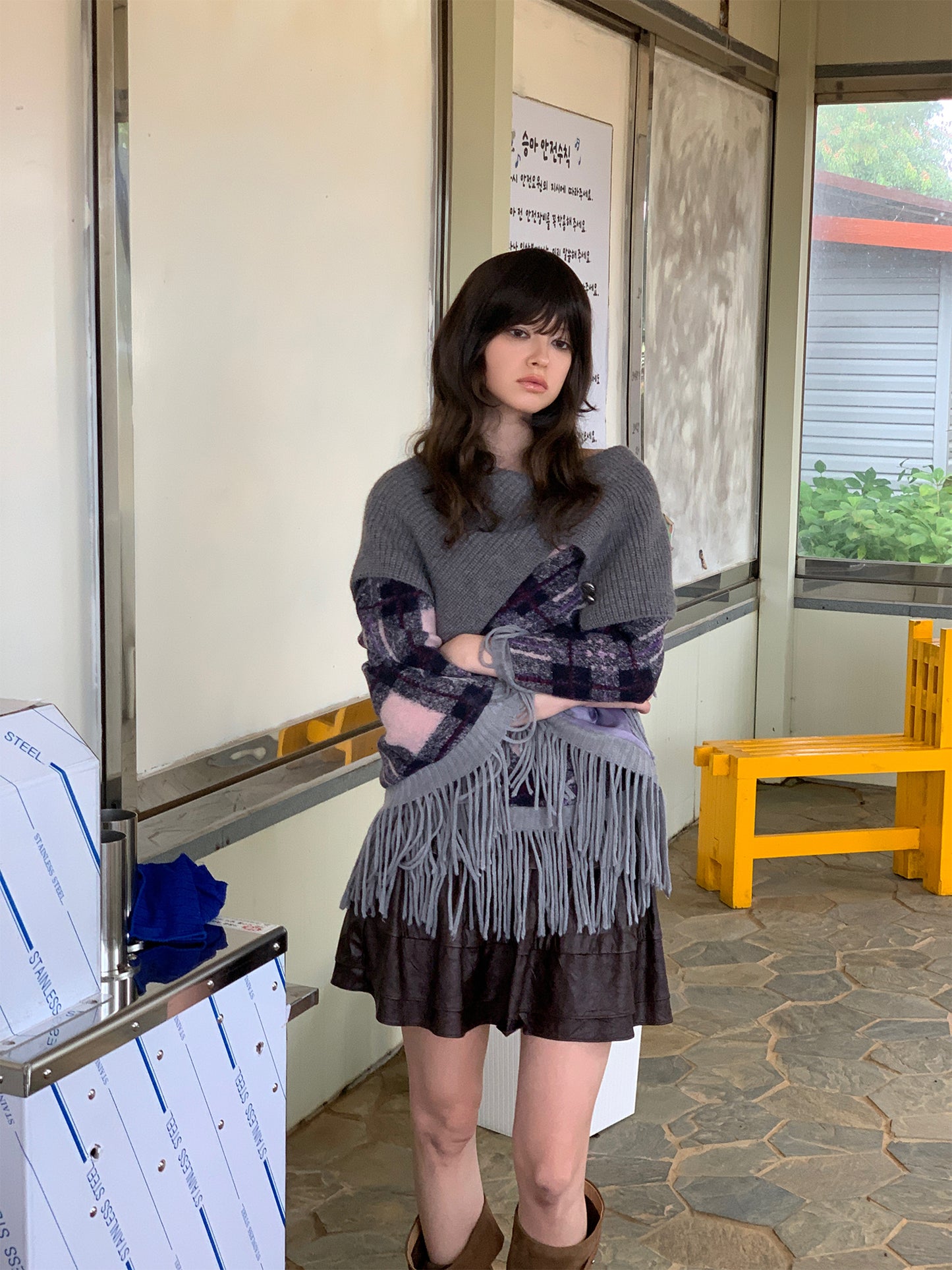 Sale[S0021]Alice Gray-purple Plaid Sweater Knitted Cape