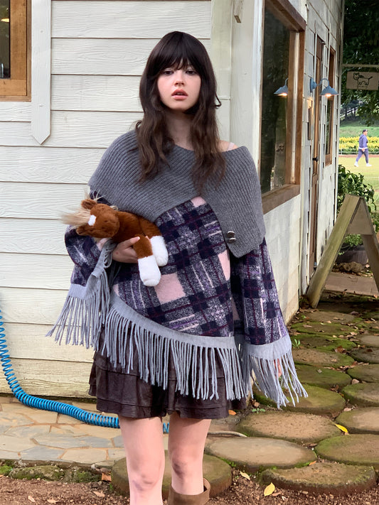 Sale[S0021]Alice Gray-purple Plaid Sweater Knitted Cape