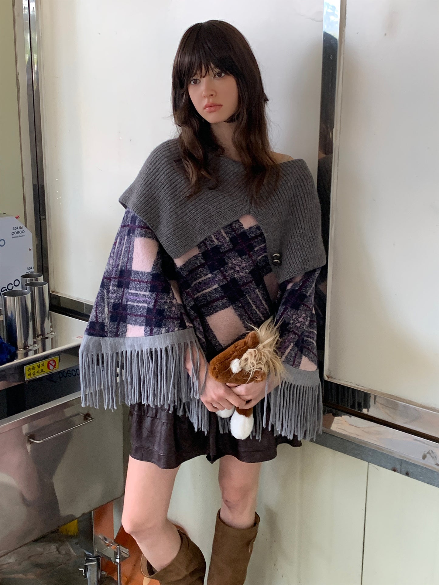 Sale[S0021]Alice Gray-purple Plaid Sweater Knitted Cape